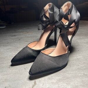 Elegant Black Satin Heels with Ribbon Tie